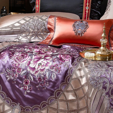 Purple Flower European Palace Egyptian Cotton Embroidered Jacquard Bedding Set